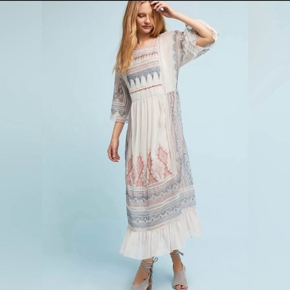 Anthropologie Multicolored Maxi Dress with Bishop Sleeves and Bateau Neckline 💕